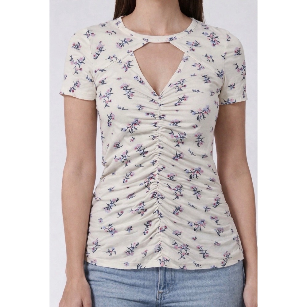 No Boundaries Floral Ruched Keyhole Top Y2K Pink Blue Short Sleeve XL 15-17